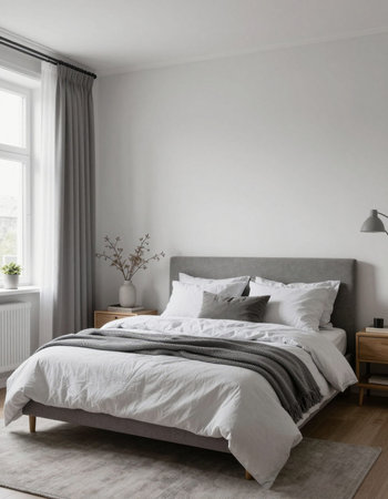 interior of modern bedroom with white walls, concrete floor and comfortable king size bed