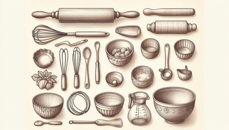 Kitchen tools and utensils. Vintage style. Hand drawn illustration.