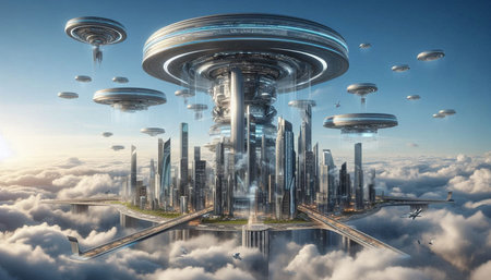 Futuristic city in the clouds. 3d render illustration.