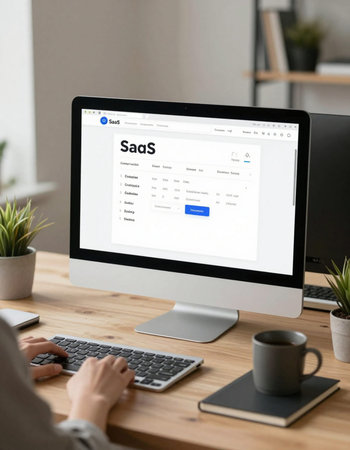 Woman using computer with seo website on the screen. All screen graphics are made up.