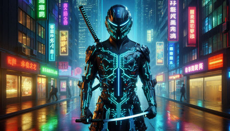 Cyborg man with sword in futuristic city. 3D rendering.