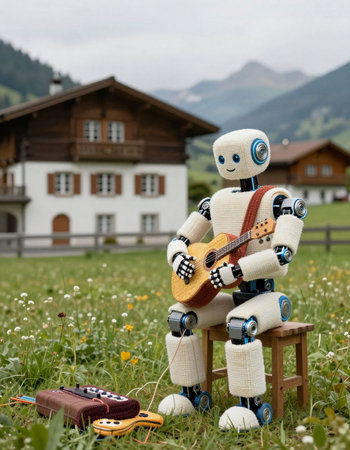 Toy robots playing guitar and singing on a meadow in the mountainsの写真素材