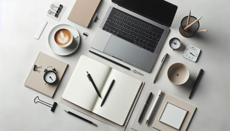 Top view of modern workplace with laptop, coffee cup, stationery and other items. Mock up
