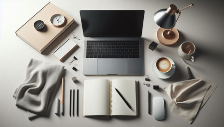 Modern workplace with laptop, stationery and coffee cup on light background