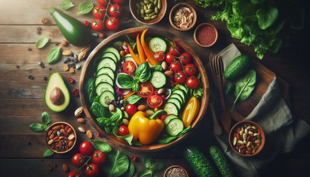 Healthy food background. Fresh vegetable salad with avocado, tomatoes, cucumber, herbs, nuts, seeds on wooden table. Top viewの写真素材