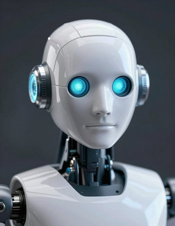 Robot with blue eyes, artificial intelligence concept. 3d rendering