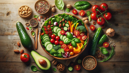 Fresh vegetable salad in bowl on wooden background. Healthy food concept.