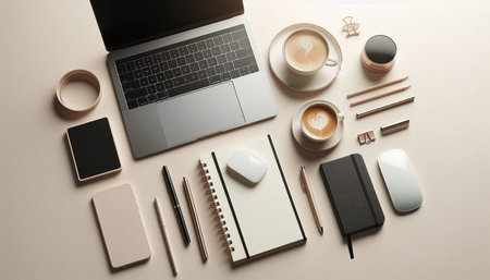 Top view of modern workplace with laptop, coffee cup, stationery and other items