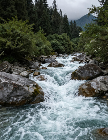 Mountain river flowing through the forest. Mountain landscape with a mountain river.