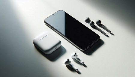 Smartphone and wireless earphones on a white background, close-up