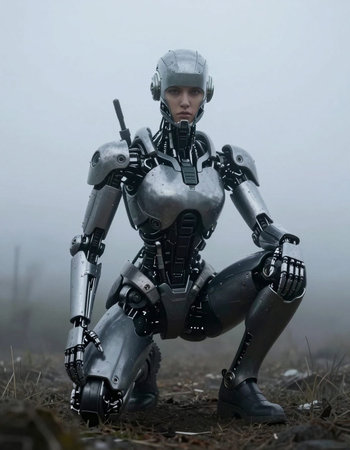View of a Cyborg warrior on a foggy and foggy background.