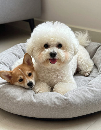 Puppy and dog on a gray beanbag at home.