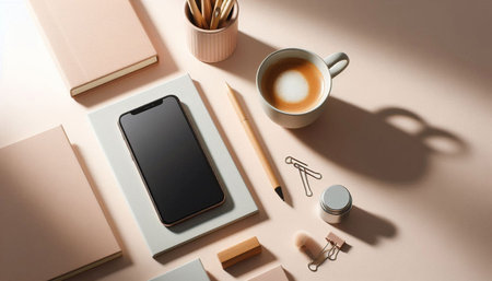 Flat lay, top view office workspace with smartphone, coffee cup, stationery and copy space.