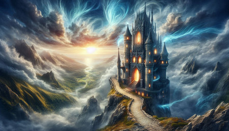 Fantasy landscape with fantasy castle in the sky. 3d renderingの写真素材