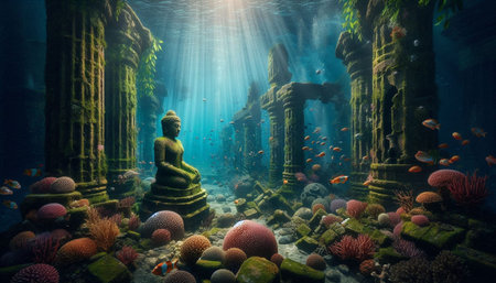 Buddha statue in the underwater world. 3d illustration.の写真素材