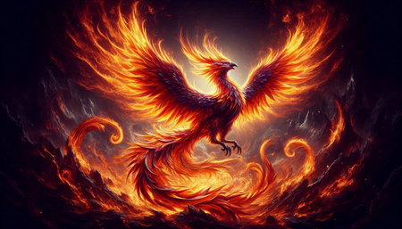 3d illustration of a phoenix flying in the fire. Fire background
