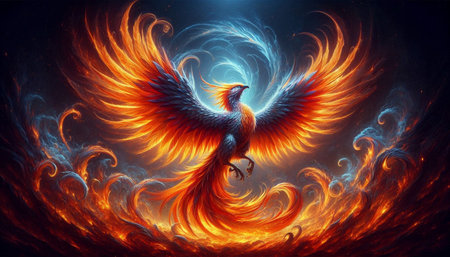 3d rendering of an abstract fractal background with a golden phoenix