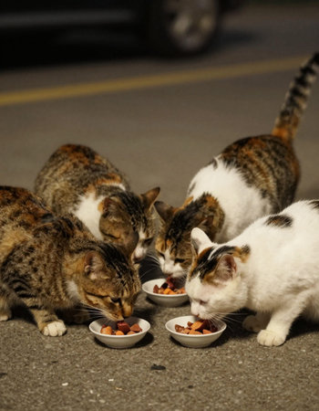 Three cats eating food in the street. Selective focus and shallow depth of field.の写真素材