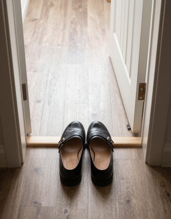 A pair of black shoes standing on the floor at the door.