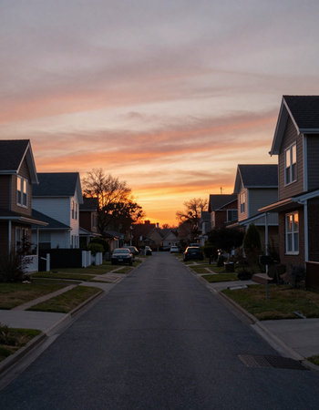 Sunset in a suburban neighborhood in the United States of America.の写真素材
