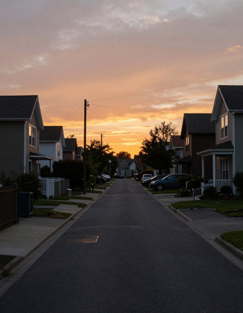 Sunset in a suburban neighborhood in the United States of America.の写真素材
