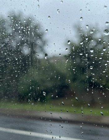 raindrops on the glass with the background of the road and trees