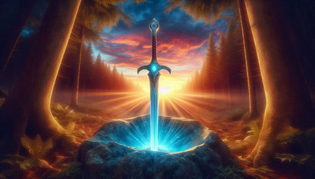 Fantasy landscape with a sword in the forest. 3d renderの写真素材