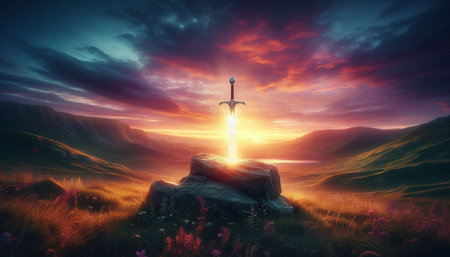 Fantasy landscape with a sword in the field. 3d renderの写真素材