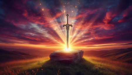 Cross on the rock with rays of light. 3D rendering.