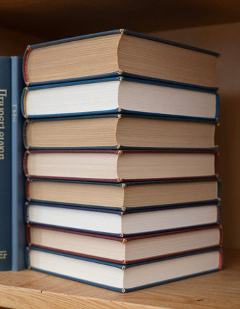 Stack of books on shelf in library. Education and learning concept.