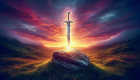 Fantasy landscape with a fantasy sword in the sky. 3d renderingの写真素材