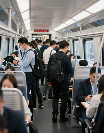 Unidentified people inside the Hong Kong Mass Rapid Transit (MRT) train. MRT is the rapid transit...