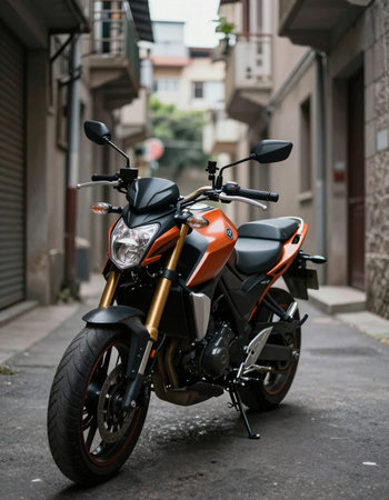 Motorcycle parked in the street. Side view of modern motorcycle.