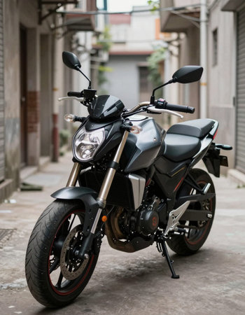Motorcycle parked in the street. Motorcycle in the city.