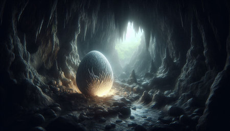 3d rendering of an alien planet in an underground cave with a bright lightの写真素材