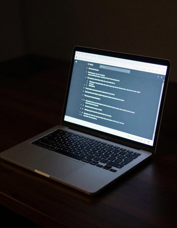 Laptop on a table in a dark room with programming code on the screenの写真素材