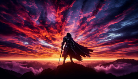 Fantasy warrior with sword and mask on the top of the mountainの写真素材