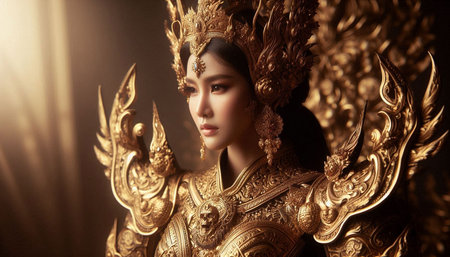 Beautiful asian woman in traditional thai style dress with gold skin