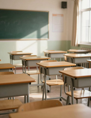 Classroom with tables and chairs in a school, shallow depth of field