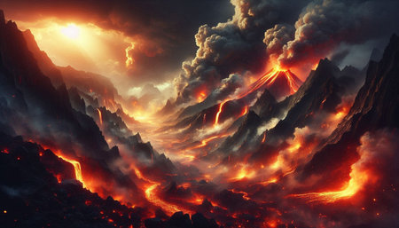 Volcanic eruption. 3d illustration. Elements of this image furnished by NASA