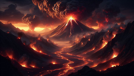 Volcano eruption with lava and smoke. 3D illustration. Fantasy.