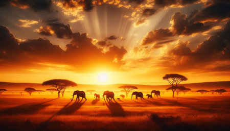 African savannah landscape at sunset with herd of elephants and acacia treesの写真素材