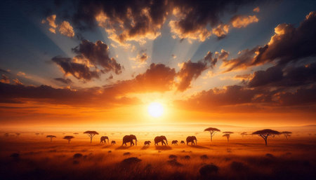 African savannah landscape with elephants at sunset, Kenya, Africa.の写真素材