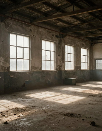 Abandoned industrial building interior with large windows and dirty walls.