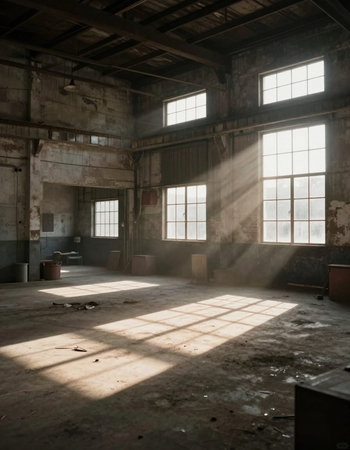 wide angle view of an old wall abandoned factory building, industrial seriesの写真素材