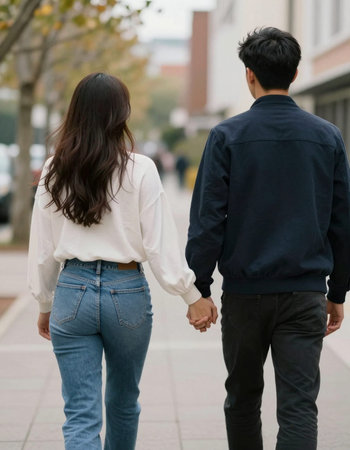 Back view of young Asian couple holding hands and walking in the streetの写真素材