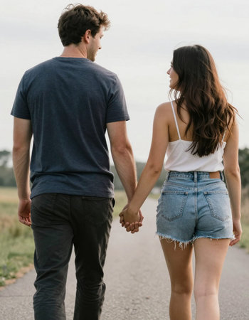 Young couple holding hands and walking on country road. Back view.