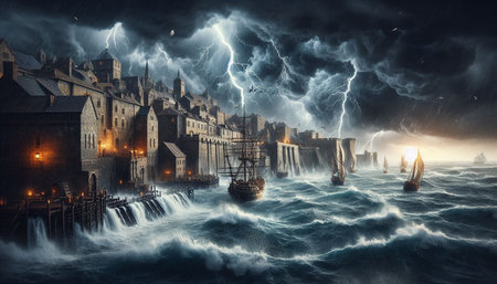 Fantasy landscape with old town and stormy sea. 3D rendering