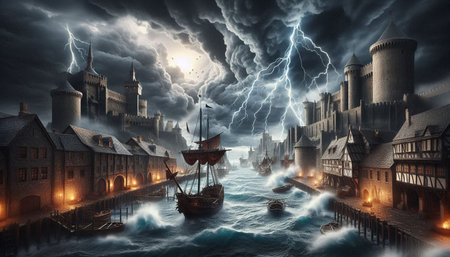 Castle in the storm. 3D rendering. Computer digital drawing.