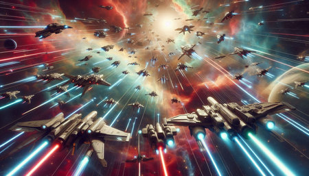 Fighter in space against the background of the planet. 3D rendering
